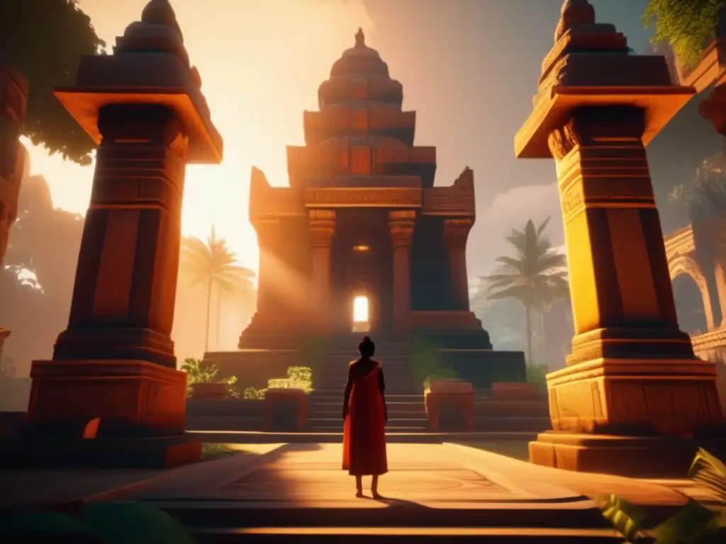 Exploración de lugares sagrados en videojuegos: personaje admirando un antiguo templo iluminado por luz cálida y rodeado de atmósfera mística.