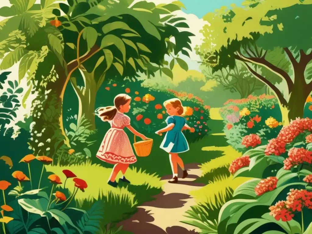 Un jardín exuberante con niños jugando a las escondidas entre flores y árboles. <b>Variantes del juego de escondidas.