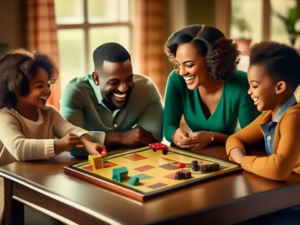 Una familia disfruta de un juego de mesa en una acogedora mesa vintage, evocando la gamificación en la vida cotidiana.