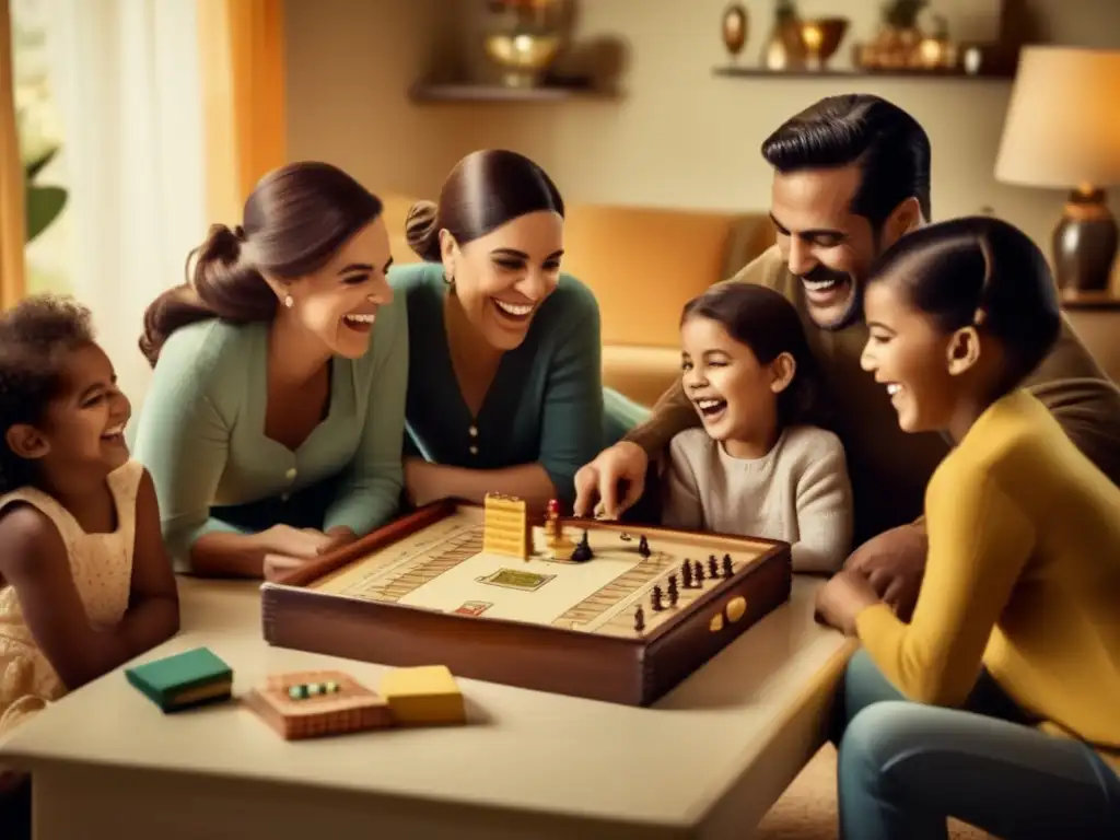 Una familia disfruta del juego de Parchís en una atmósfera vintage, destacando el impacto cultural del juego Parchís en la unidad familiar.