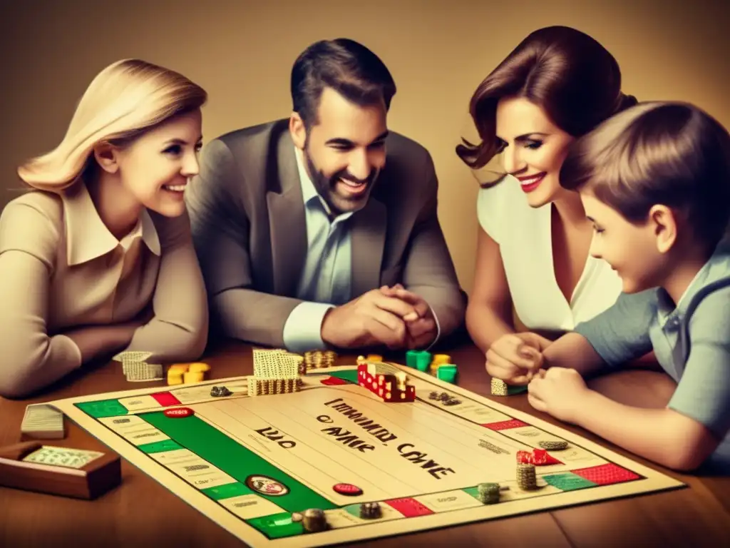 Una familia disfruta de Lecciones de Finanzas en Juegos de Mesa en una atmósfera vintage y cálida, concentrados en el juego.
