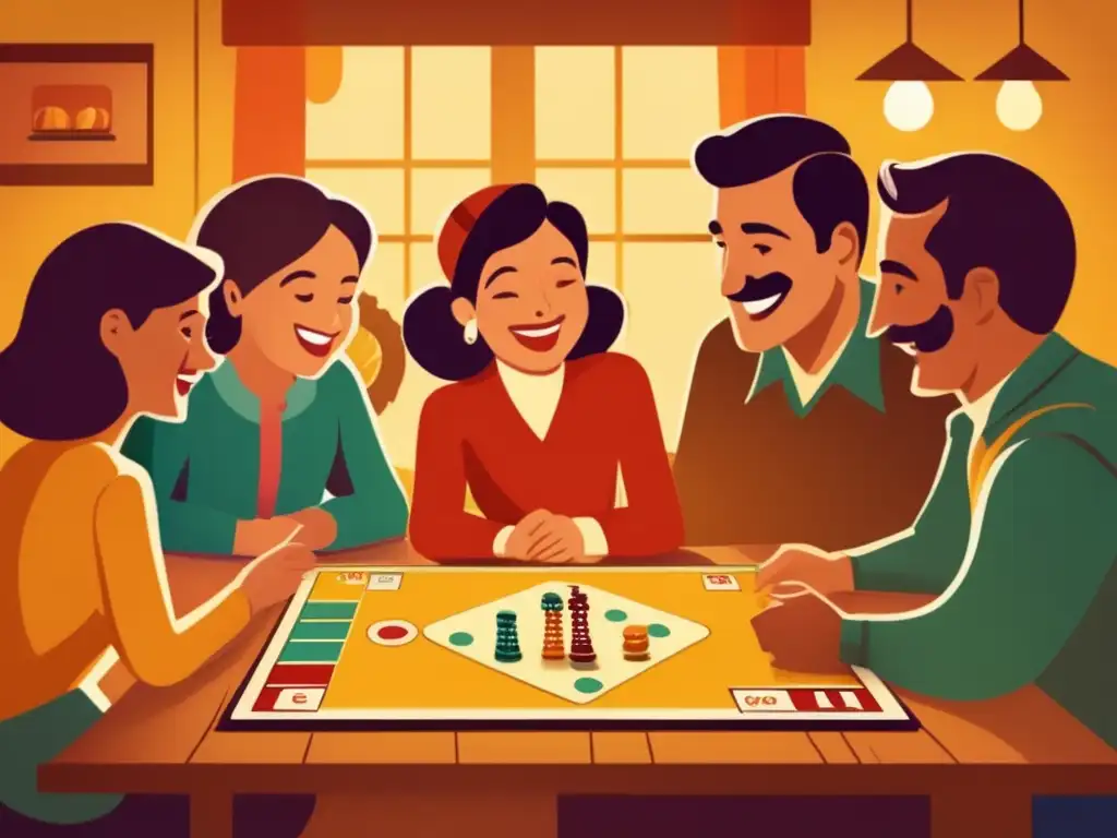 Una ilustración vintage de una familia jugando Parchís, con una atmósfera cálida y nostálgica que ejemplifica el impacto cultural del juego Parchís.
