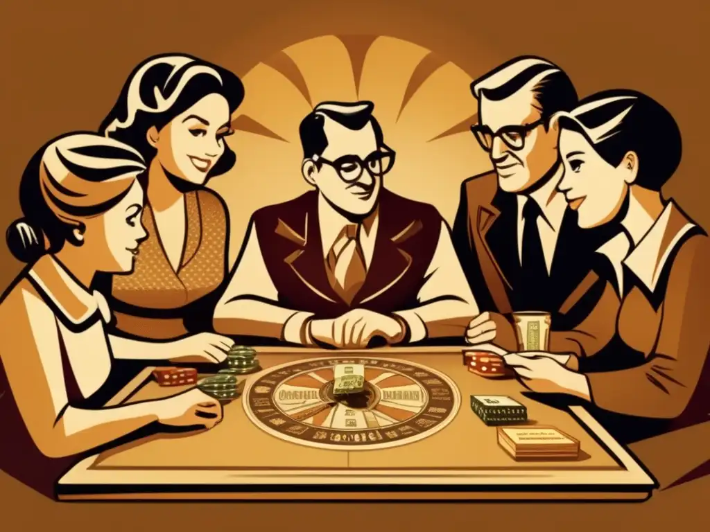 Una ilustración vintage de una familia reunida alrededor de un juego de mesa de estrategia económica. Los tonos cálidos evocan nostalgia y la conexión familiar mientras disfrutan de 'Lecciones de Finanzas en Juegos de Mesa'.