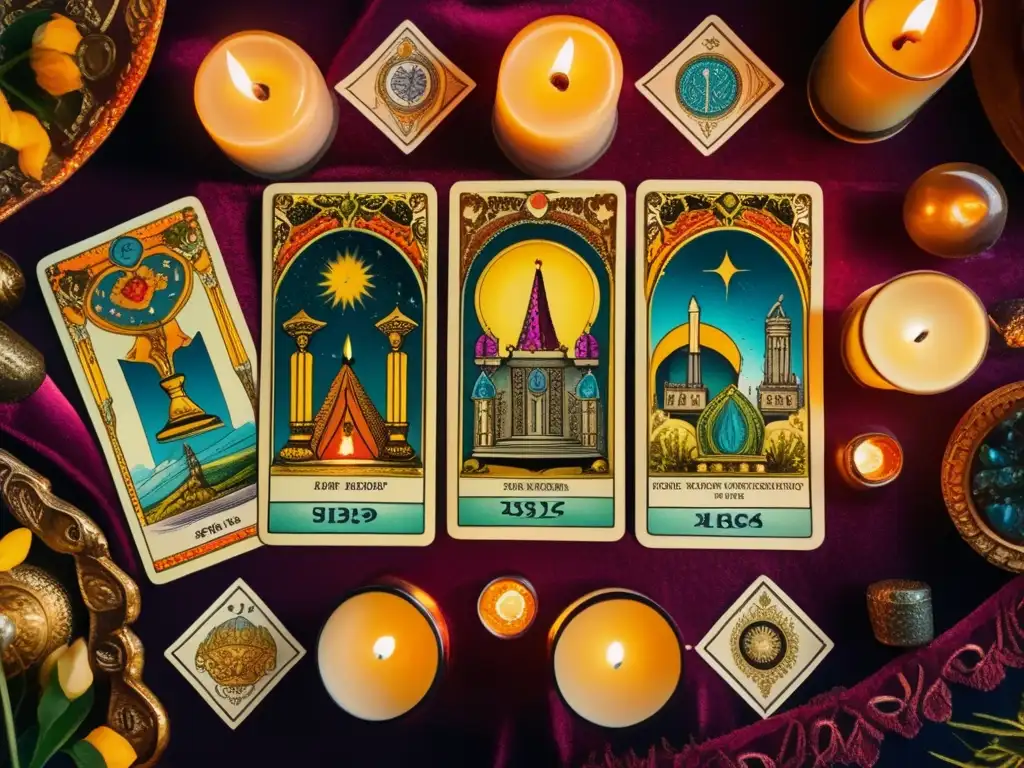 Un fascinante y detallado juego de cartas del tarot vintage envuelto en misticismo y colores vibrantes.