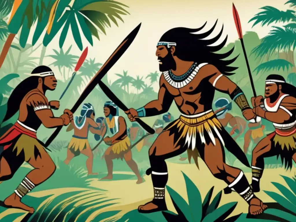 Ilustración vintage de una feroz batalla tribal en Oceanía, con detallado maquillaje de guerra, armas tradicionales y expresiones dramáticas. <b>La imagen captura la esencia de las guerras tribales en Oceanía.