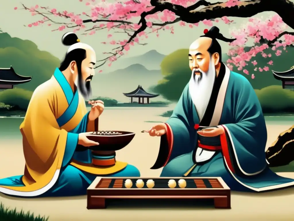 Dos filósofos chinos antiguos juegan Weiqi en un jardín tranquilo rodeado de cerezos en flor. <b>Reflejan sabiduría y estrategia del Weiqi.