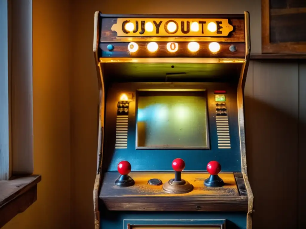 Un gabinete de arcade antiguo con pintura descascarada y un panel de control desgastado, rodeado por un suave resplandor dorado de la pantalla parpadeante.</b> <b>El gabinete se encuentra solo en una habitación tenue, con su letrero mostrando el título desvanecido de un juego cl