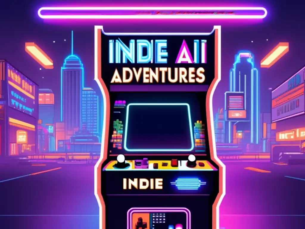 Indie AI Adventures: Fusión retro-futurista Un gabinete arcade vintage con arte retro pixelado de una ciudad futurista, destacando el impacto de la IA en juegos indie.