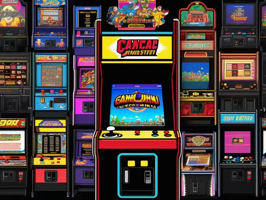 Un gabinete arcade vintage con arte pixelado colorido, rodeado de jugadores nostálgicos inmersos en el efecto de la música en videojuegos.