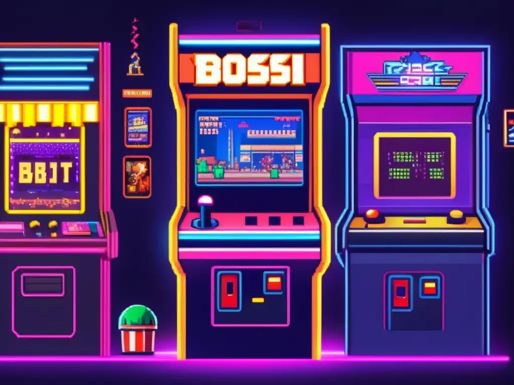 Un gabinete arcade vintage de 8 bits con personajes pixelados y luces de neón, evocando nostalgia y la influencia actual de los 8 bits.