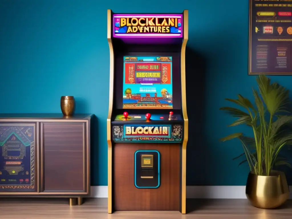 Un gabinete arcade vintage con escenas de juegos retro y el título 
