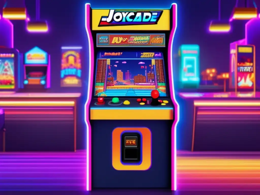 Un gabinete arcade vintage con gráficos pixelados coloridos, botones brillantes y un joystick, en un bullicioso arcade retro con máquinas y luces de neón. Muestra la pantalla del juego con personajes vibrantes y arte pixelado, capturando la esencia de la programación pionera de la era arcade y
