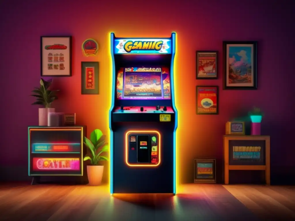 Un gabinete de arcade vintage brilla en una habitación tenue, envuelto en una neblina de humo nostálgico. <b>La pantalla muestra un juego vibrante y pixelado con colores intensos y acción rápida, atrayendo al espectador con su encanto retro.</b> El exterior desgastado del gabinete está