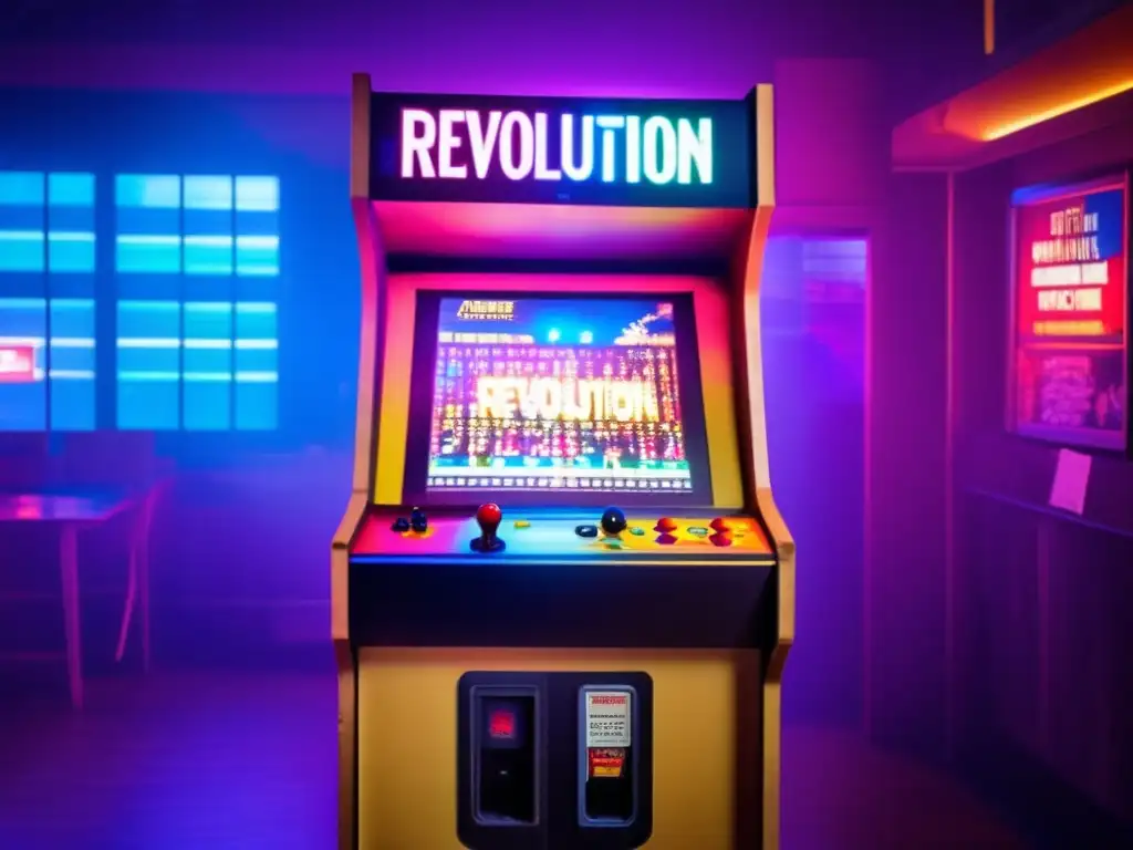 Un gabinete de arcade vintage en una habitación tenue, rodeado de una neblina de luz de colores. <b>En la pantalla se muestra una imagen pixelada de una revolución, con multitudes de manifestantes y pancartas llenando las calles.</b> Los controles del gabinete muestran signos de desgaste, evid