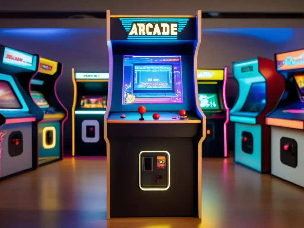 Un gabinete de arcade vintage con un toque futurista, rodeado de jugadores inmersos en la experiencia de juego. Refleja el impacto cultural del streaming de juegos y la convergencia de la tecnología tradicional y vanguardista.