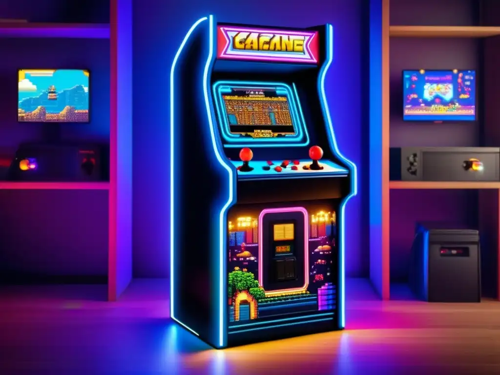 Un gabinete de arcade retro con pixel art detallado y colorido, iluminado por luces LED, que evoca el renacimiento del pixel art moderno.