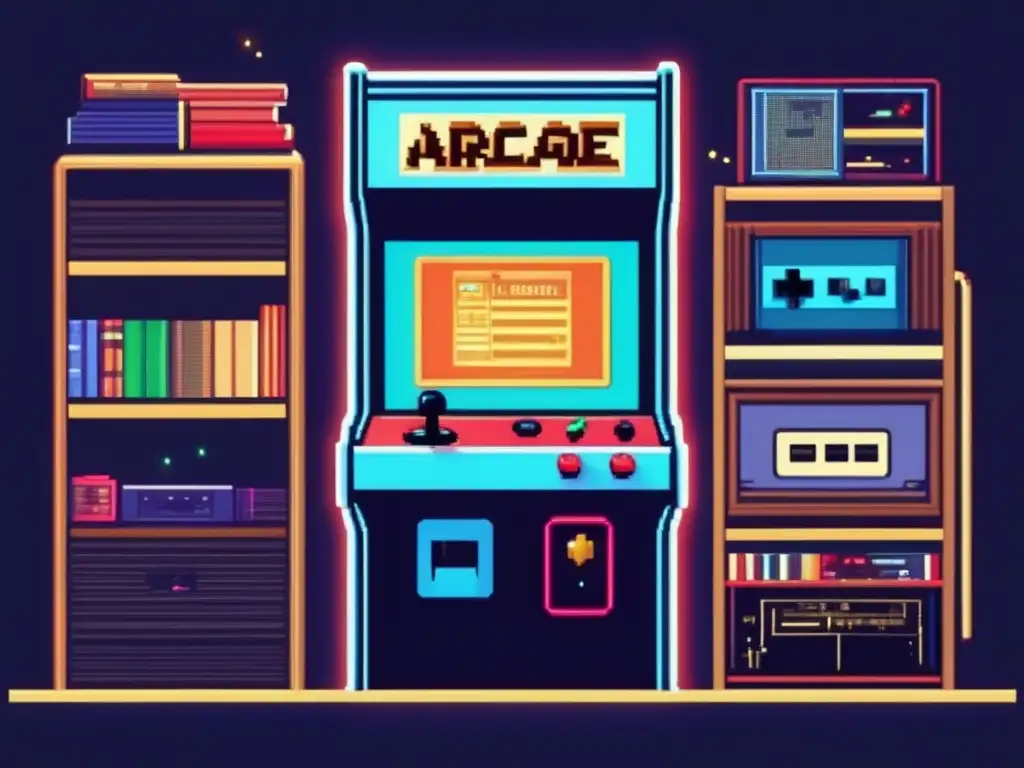 Un gabinete de arcade retro rodeado de un brillo nostálgico, con personajes icónicos y notas musicales. <b>Impacto cultural música videojuegos.