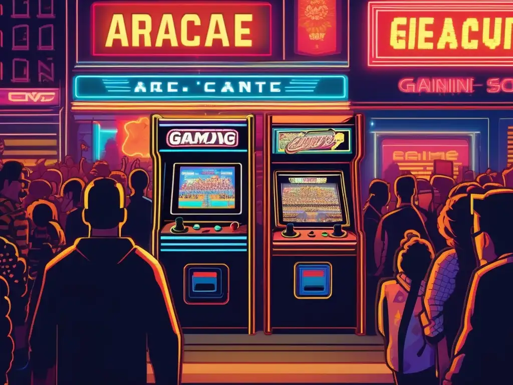 Emoción retro: multitud animada frente a un gabinete de juegos vintage
