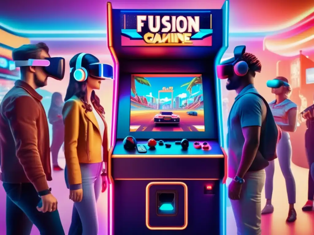 Realidad Virtual Retro: Arcade 8k con Jugadores Un gabinete arcade vintage con diseño de juegos en VR, rodeado de personas interactuando con entusiasmo en un ambiente nostálgico y futurista.
