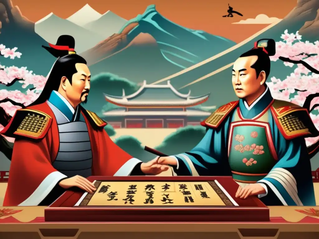 Dos generales chinos antiguos juegan ajedrez xiangqi en un paisaje sereno, evocando la historia y estrategia del xiangqi.