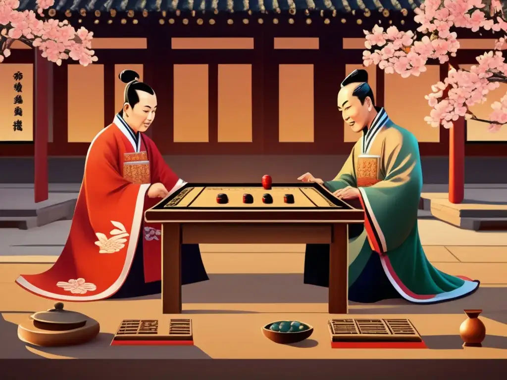 Dos generales chinos juegan Xiangqi en un patio tradicional al atardecer, evocando la importancia estratégica del ajedrez chino.