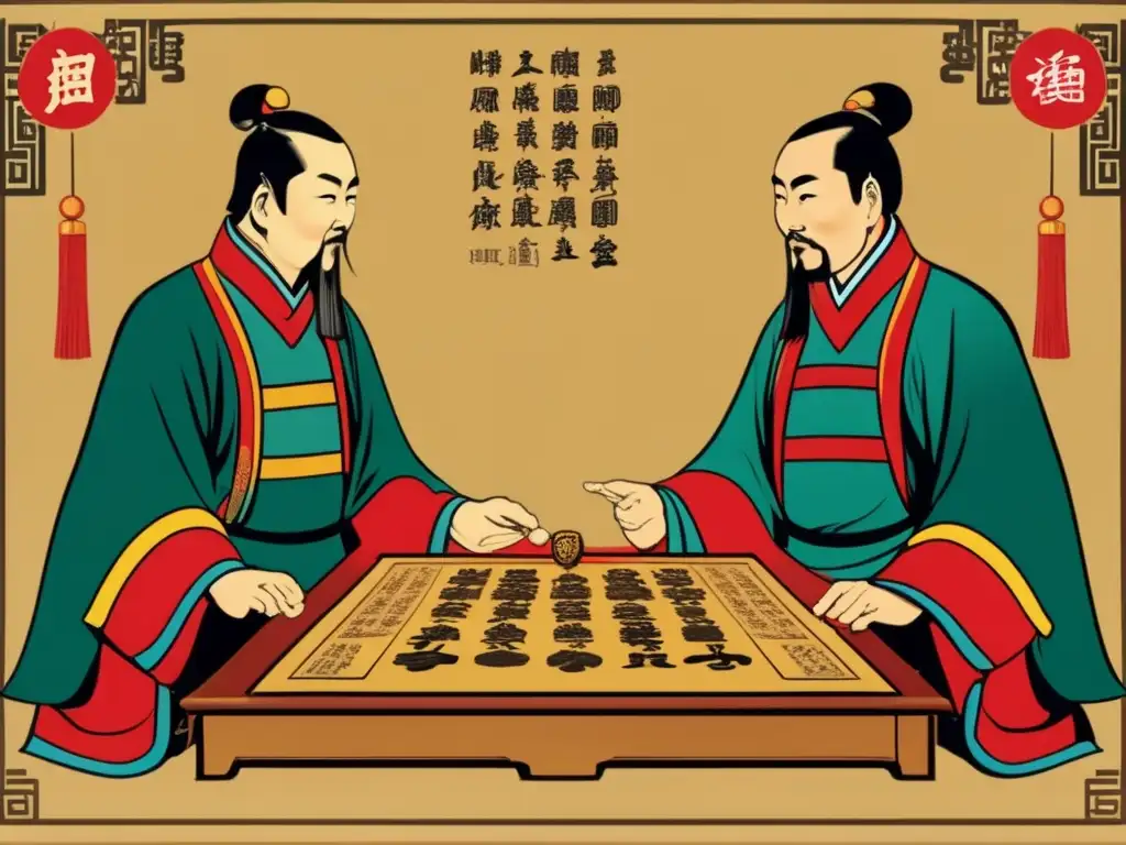 Dos generales chinos juegan Wei Qi, con expresiones concentradas y estratégicas. <b>Un tablero detallado y ropas ricamente coloreadas capturan la intensidad del juego.</b> <b>Origen y significado estratégico del Wei Qi.