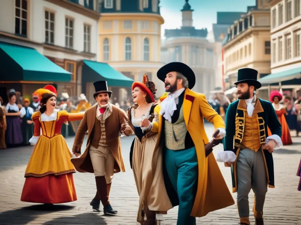 Un grupo de actores en trajes vintage realiza una escena teatral en una plaza de la ciudad, conectando juegos de rol vivo y teatro callejero.