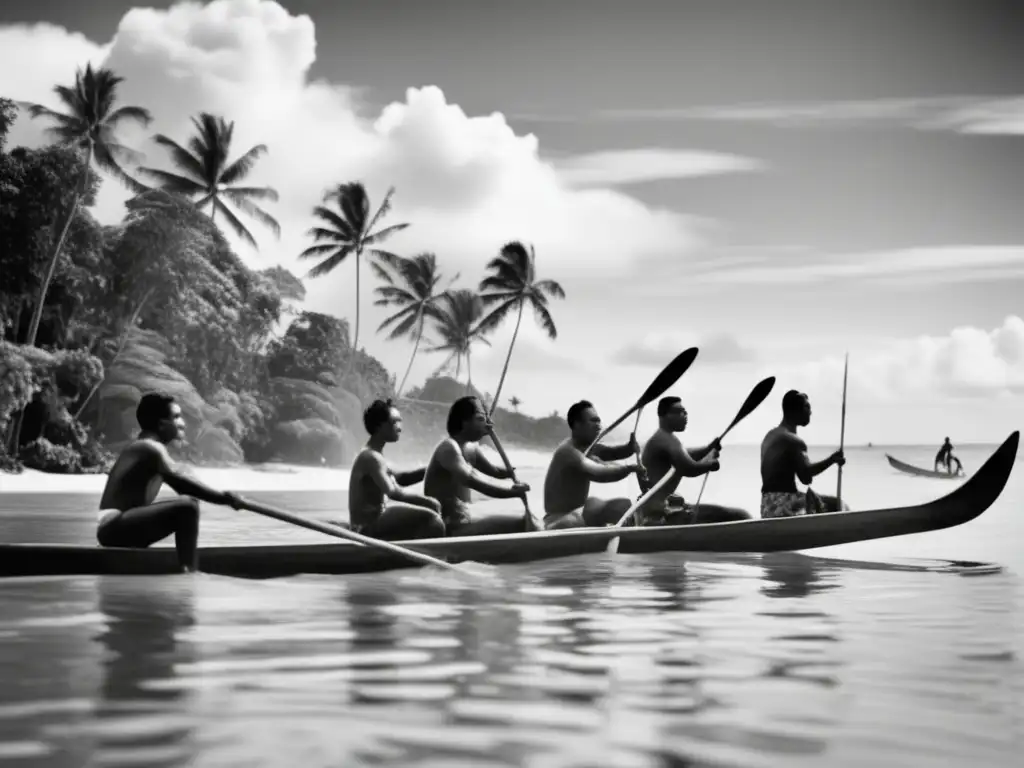 Un grupo de indígenas de Oceanía participa en juegos acuáticos tradicionales, evocando la rica historia de los deportes acuáticos en la región.