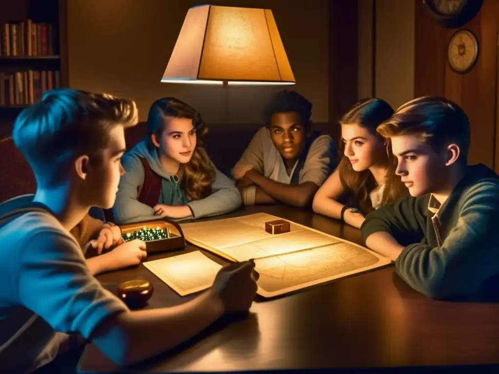 Un grupo de adolescentes disfruta intensamente de un juego de rol de mesa en una habitación tenue. <b>La luz cálida de la lámpara resalta la emoción en sus rostros.</b> Los libros desgastados y los accesorios vintage muestran el encanto atemporal de los juegos de rol como herramienta para