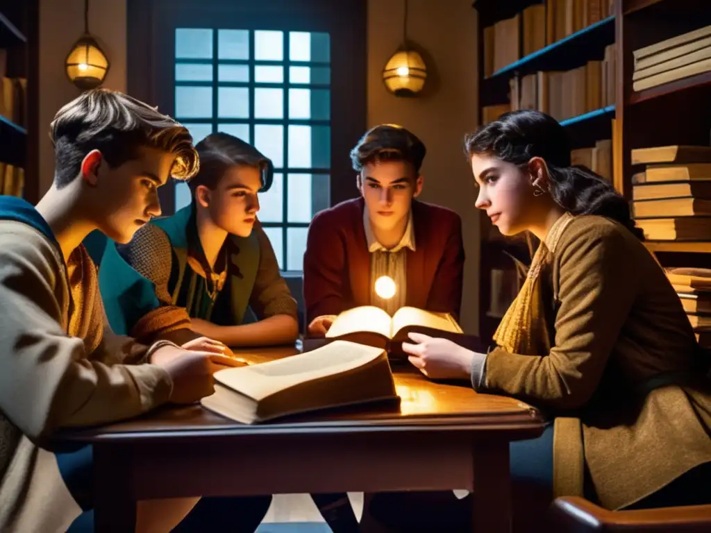 Un grupo de adolescentes en ropa vintage disfruta de un juego de rol en una habitación nostálgica y evocadora, capturando la esencia de los juegos de rol en la literatura juvenil.