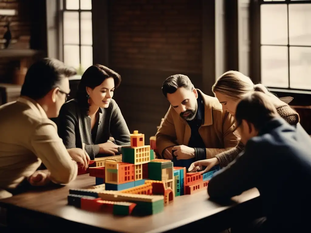 Un grupo de adultos construyendo con bloques, mostrando el impacto cultural de los juegos de construcción en la creatividad y colaboración adulta.