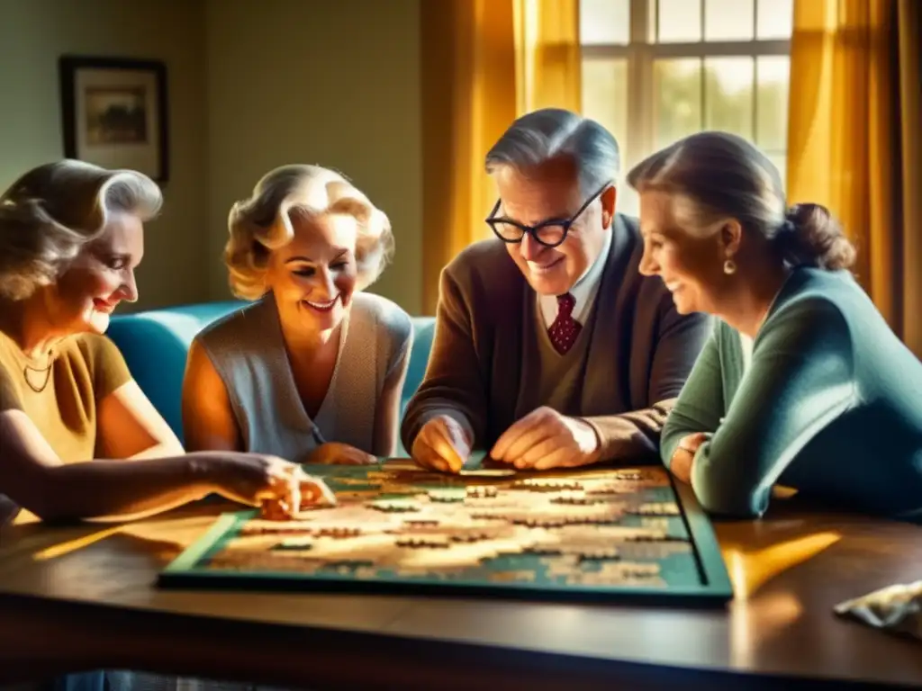 Un grupo de adultos concentrados resolviendo un rompecabezas, disfrutando de los beneficios de los puzzles para la agudeza mental.