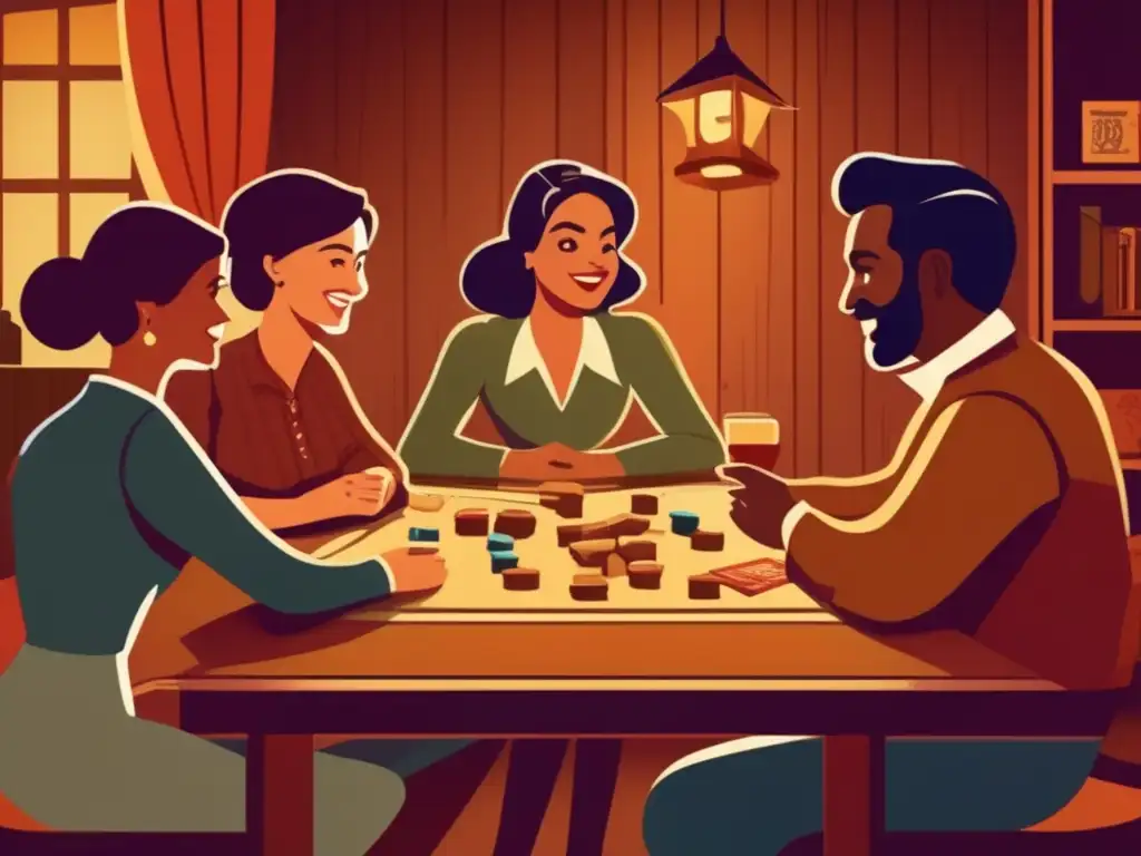 Un grupo de adultos disfruta de un juego de mesa en una acogedora habitación vintage. <b>Se destaca la camaradería y concentración.</b> <b>'Métodos de juego para educación continua'.
