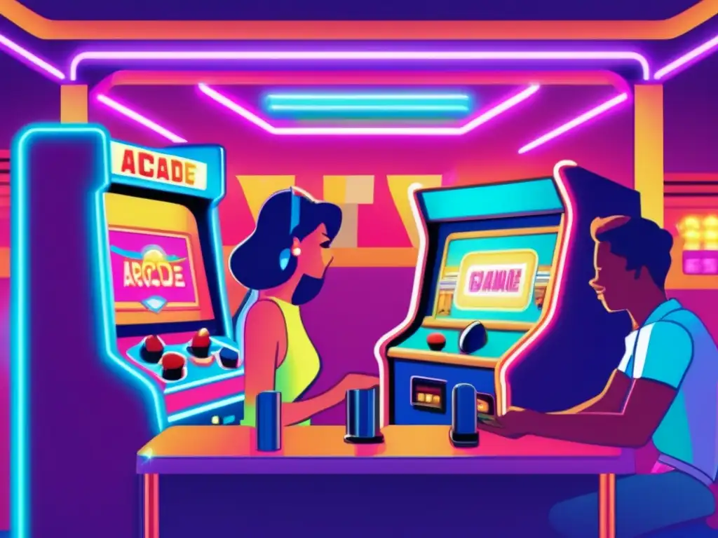 Un grupo de adultos se concentra en una máquina arcade clásica en un ambiente retro, evocando nostalgia y diversión. <b>Análisis psicológico del uso de videojuegos.