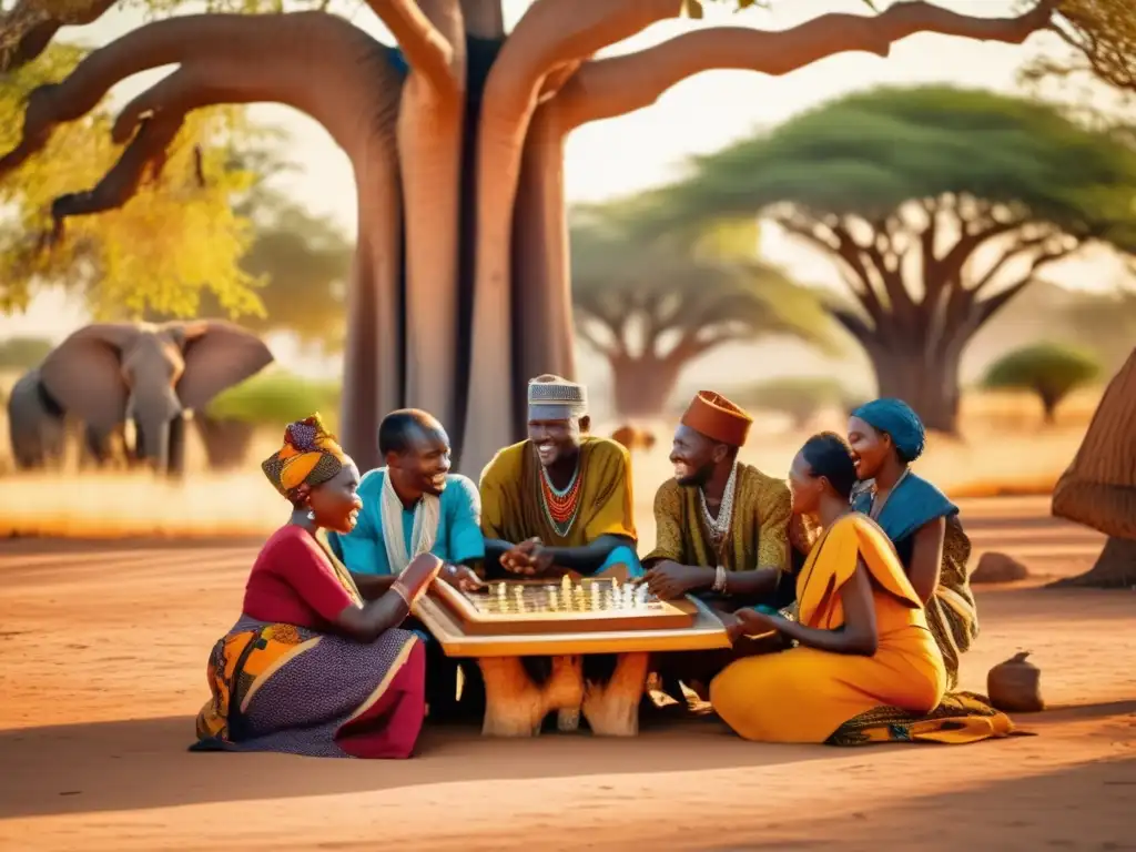 Un grupo de africanos juega bajo un baobab. <b>Sus coloridos atuendos y juegos de tablero crean un cautivador contraste en la naturaleza africana.</b> <b>Renacimiento juegos tablero africanos.
