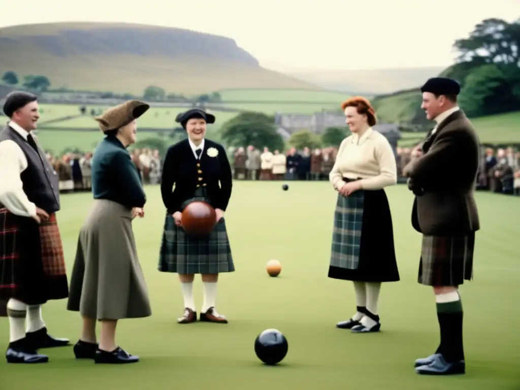 Grupo de aldeanos escoceses vestidos con trajes tradicionales observando un juego de bolos escoceses en un campo histórico.