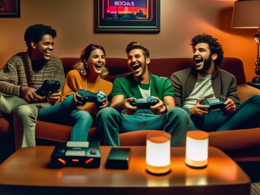 Un grupo de amigos se divierte en un ambiente nostálgico rodeado de consolas PlayStation y juegos clásicos, mostrando el impacto cultural e histórico de PlayStation.