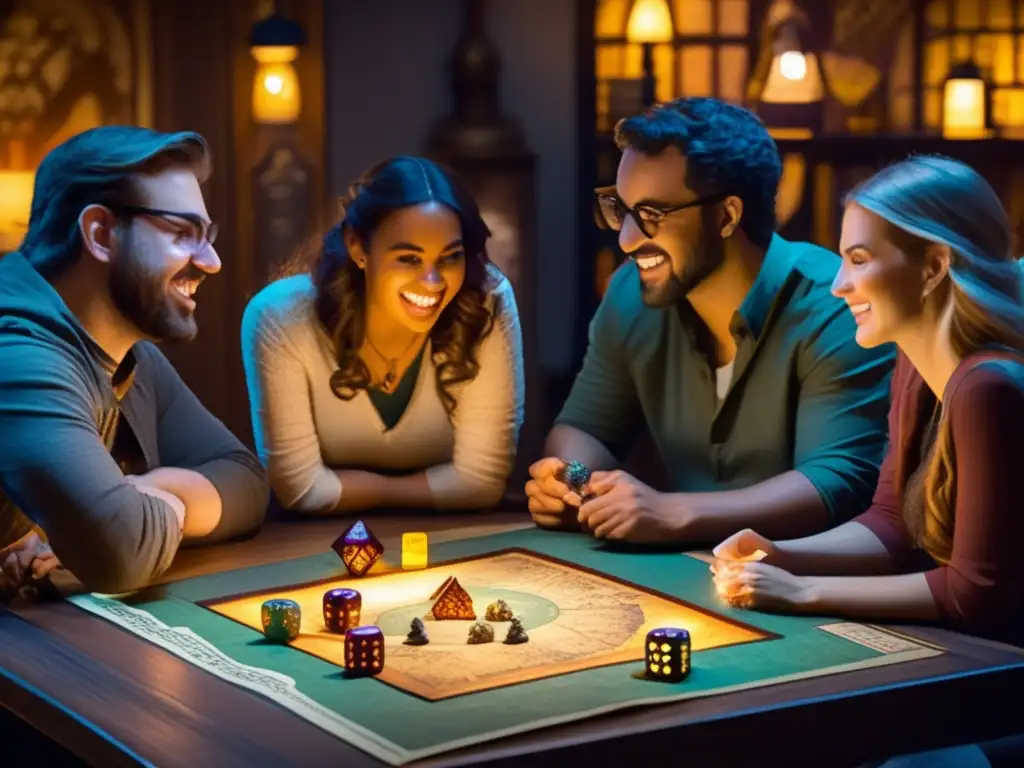 Un grupo de amigos disfruta de un animado juego de Dungeons and Dragons alrededor de una mesa con un mapa vintage, destacando la importancia del multijugador en juegos de rol.