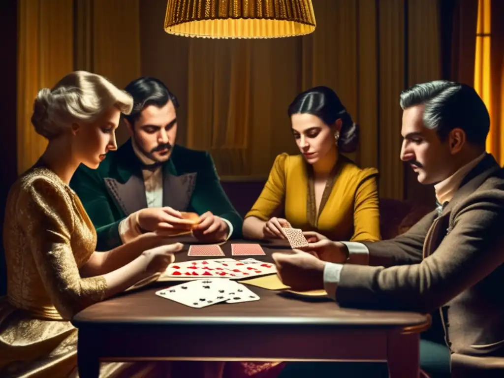 Un grupo de amigos concentrados en un juego de cartas en un ambiente nostálgico y cálido. <b>Influencia juegos cartas habilidades matemáticas.
