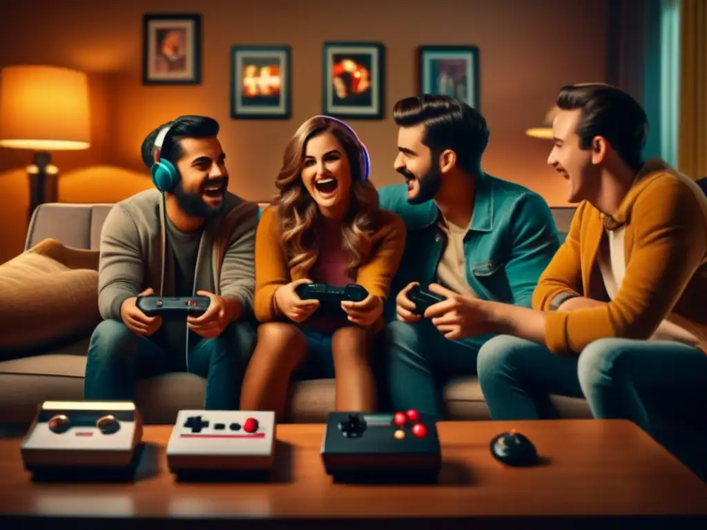 Un grupo de amigos juega en una consola retro, creando un ambiente cálido y nostálgico que captura el impacto psicológico de los videojuegos.