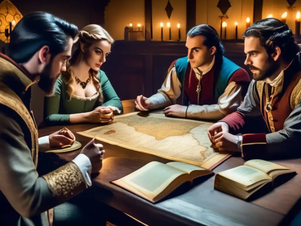 Un grupo de amigos se sumerge en una emocionante partida de rol alrededor de una mesa de madera vintage. <b>La habitación está iluminada con tenue luz, creando una atmósfera mágica.</b> <b>La mesa está cubierta de antiguos libros y pergaminos, añadiendo un toque vintage.</b> Los jug