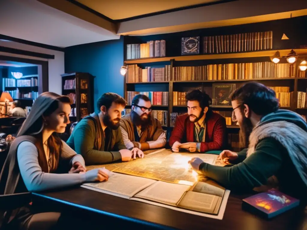 Un grupo de amigos juega Dungeons and Dragons en una habitación vintage, capturando el impacto cultural de los juegos de rol.
