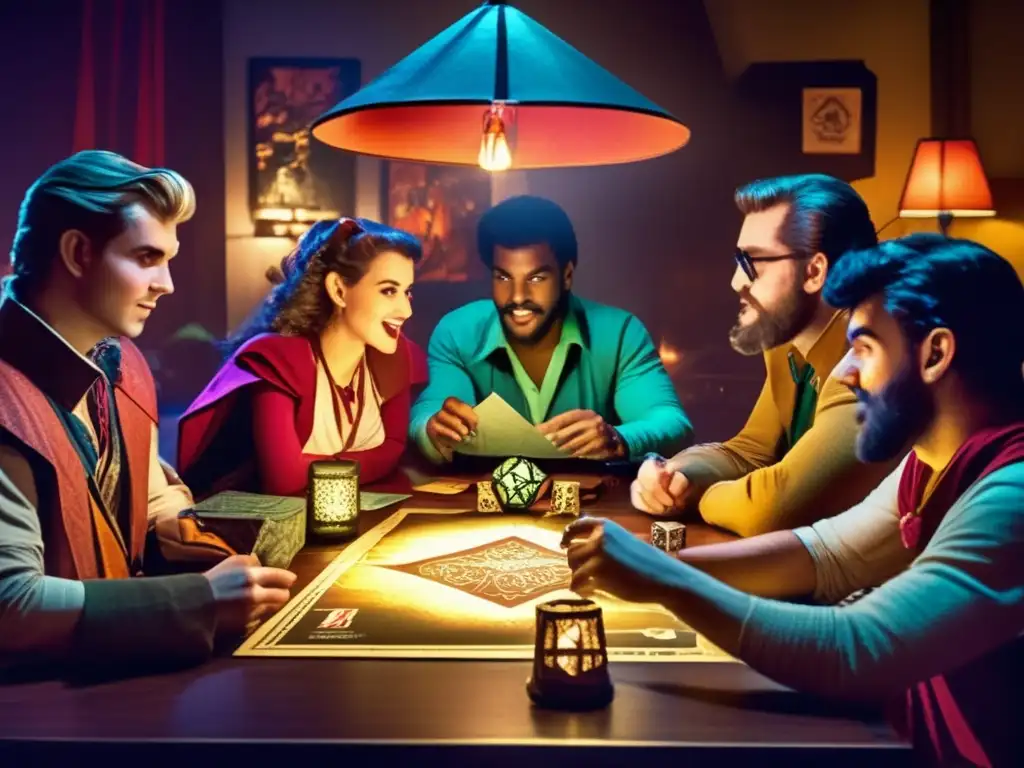 Un grupo de amigos inmersos en una narrativa de juegos de rol históricos en una habitación retro iluminada.