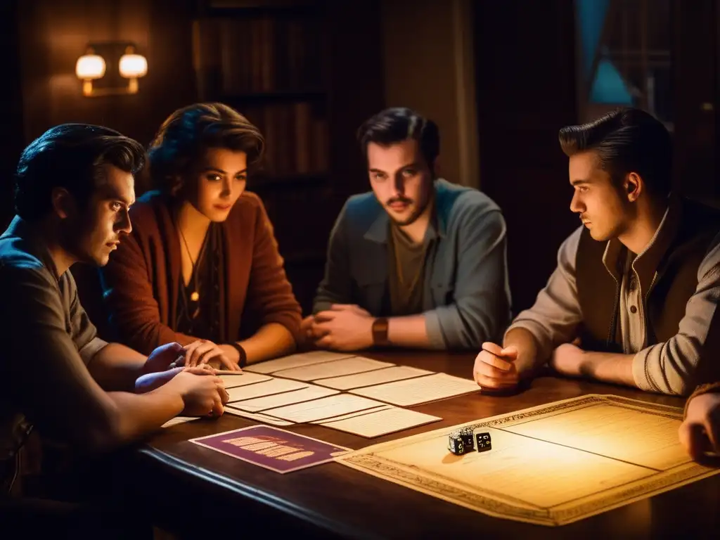 Un grupo de amigos disfruta de una intensa sesión de juego de rol en una habitación cálidamente iluminada, evocando la nostalgia de las reuniones clásicas de juegos de mesa. <b>Influencia de los juegos de rol en series y cine.