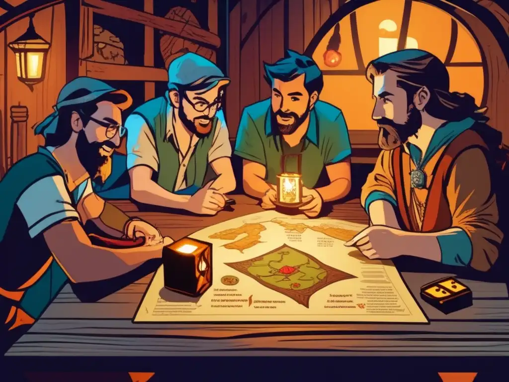 Un grupo de amigos disfrutando de un juego de Dungeons & Dragons alrededor de una mesa de madera iluminada por una lámpara vintage. Las expresiones de emoción y camaradería capturan la esencia del impacto cultural y el atractivo duradero de este influyente juego de fantasía moderna.