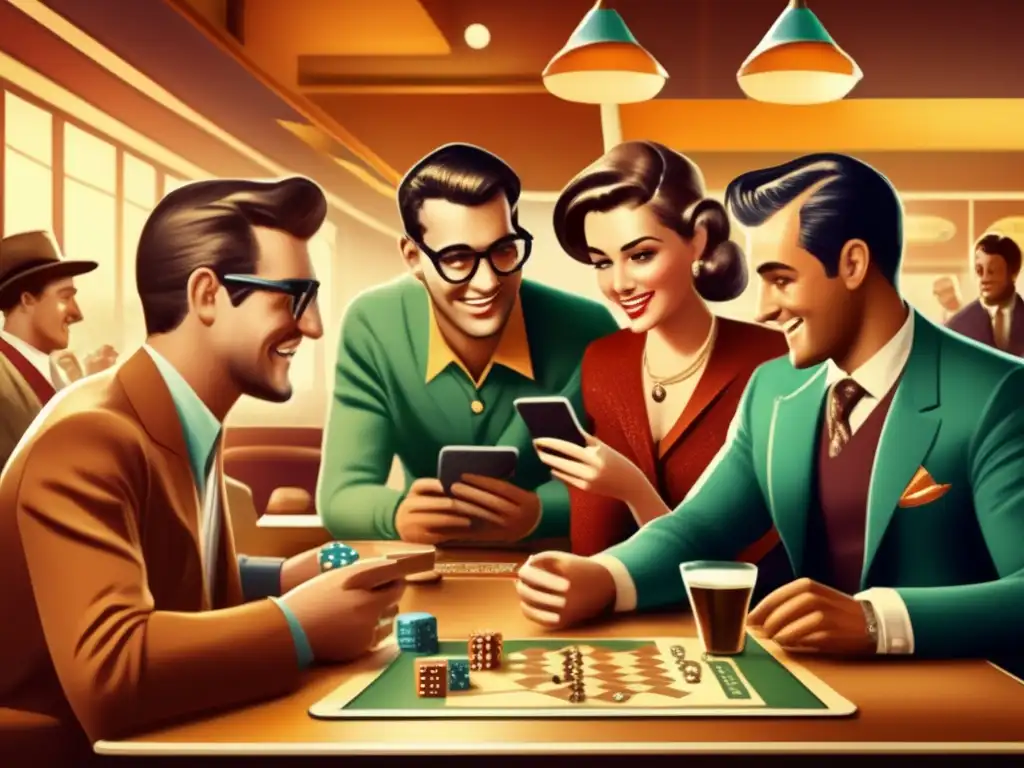 Un grupo de amigos juega un juego de estrategia en un dispositivo móvil en un café retro, con una cálida iluminación nostálgica.