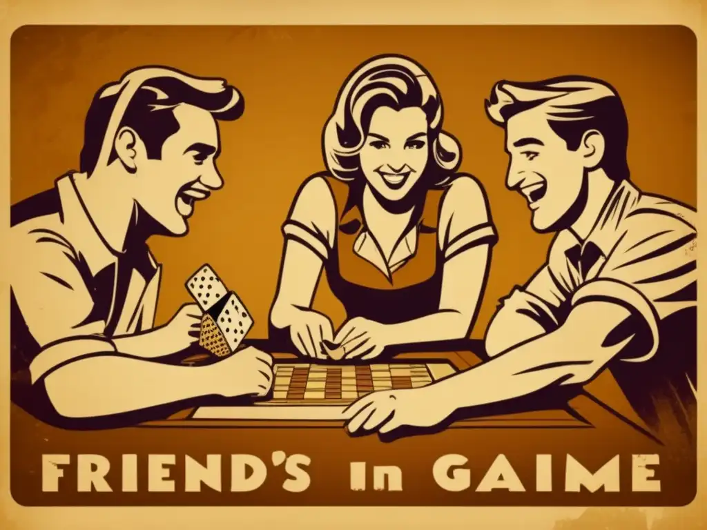 Un grupo de amigos disfruta de un juego de mesa en un ambiente cálido y nostálgico. <b>Se destaca la interacción social y la diversión.</b> <b>Prevención adicción a los juegos.