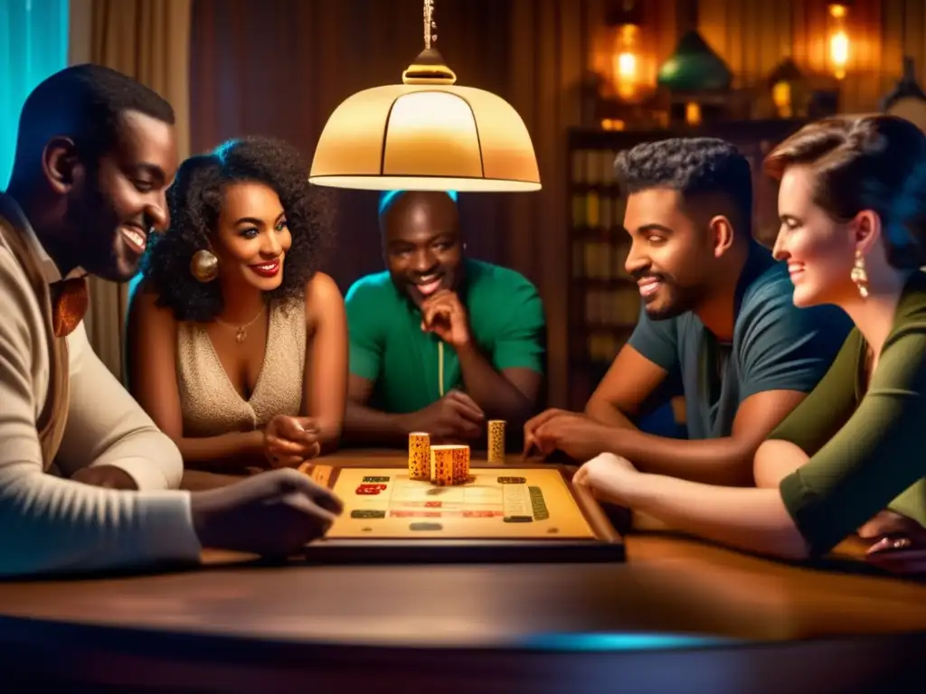 Un grupo de amigos disfruta de un juego de mesa clásico en una atmósfera cálida y nostálgica. <b>Renacimiento juegos de mesa moderna.
