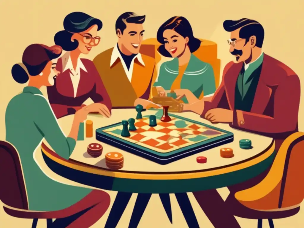 Un grupo de amigos disfruta de un juego de mesa vintage, reflejando el impacto cultural de los juegos de mesa modernos.