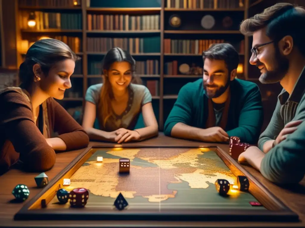 Un grupo de amigos disfrutando de un juego de mesa con un mapa vintage, sumergidos en una experiencia de rol. La importancia del multijugador en juegos se hace evidente en esta imagen nostálgica y llena de emoción.
